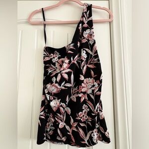 White House Black Market Black and Pink Floral One Shoulder Top